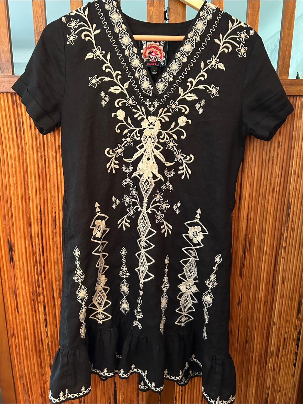 Johnny Was Black Taria Shift Dress with Cream Embroidery